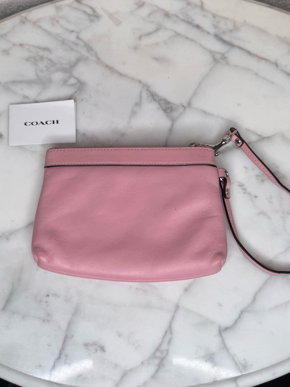 Coach Pink soft Leather Wristlet with metallic silver spell out charm,EUC - Picture 2 of 11